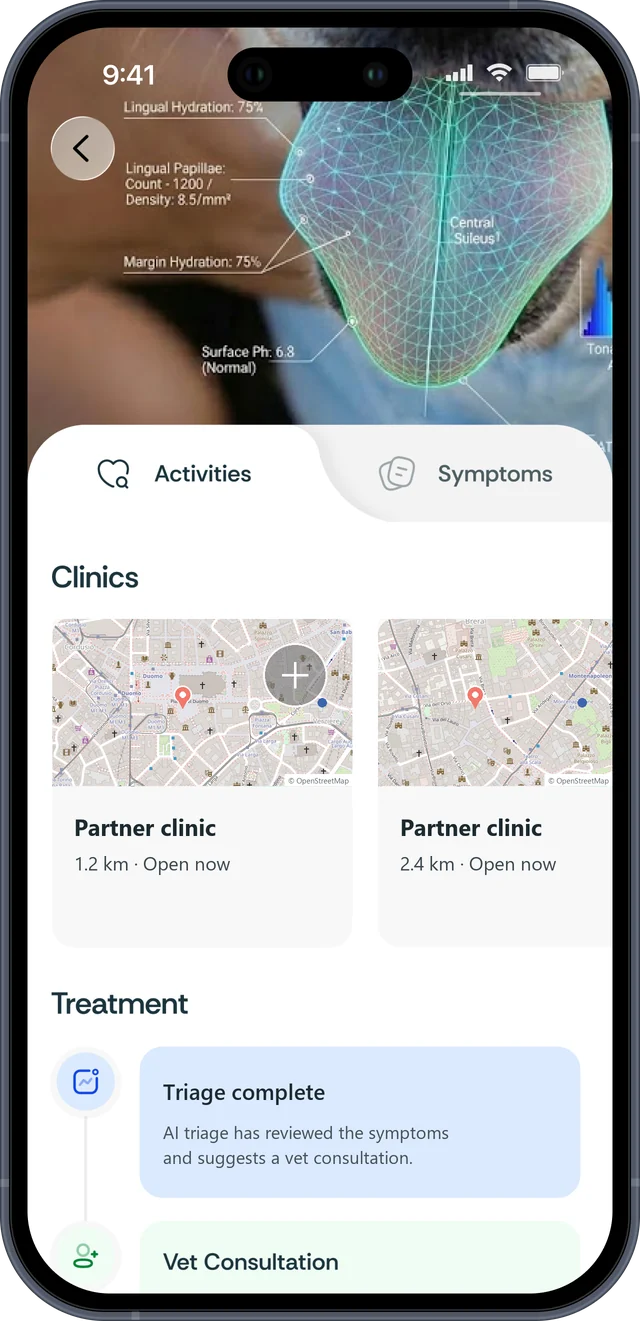NovaPet app: AI symptom analysis, nearby partner clinics in Milan and a vet consultation step