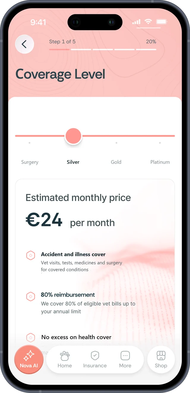 NovaPet app: choosing between the Surgery, Silver, Gold and Platinum plans with an estimated monthly price